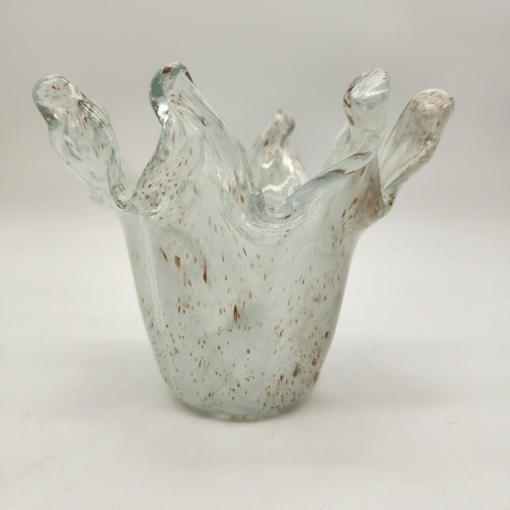 Vintage Hand Blown Splash Vase Clear & White Glass Copper Gold Flecks Aventurine - Picture 4 of 8